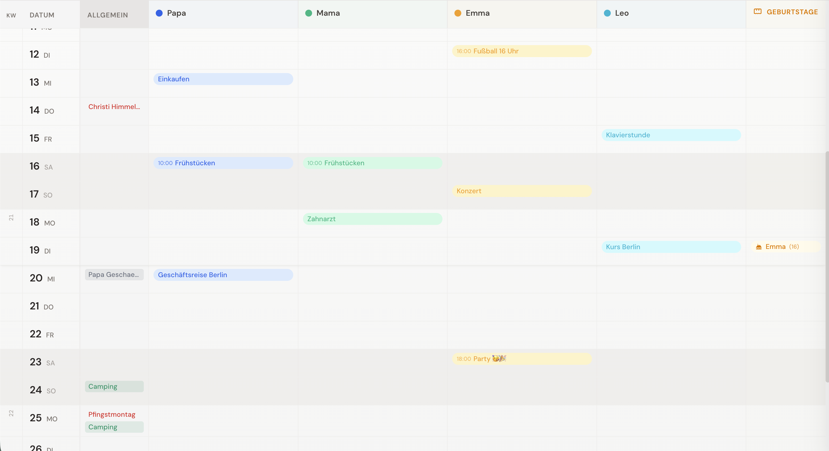 Family Calendar Monatsansicht mit farbkodierten Familienmitgliedern
